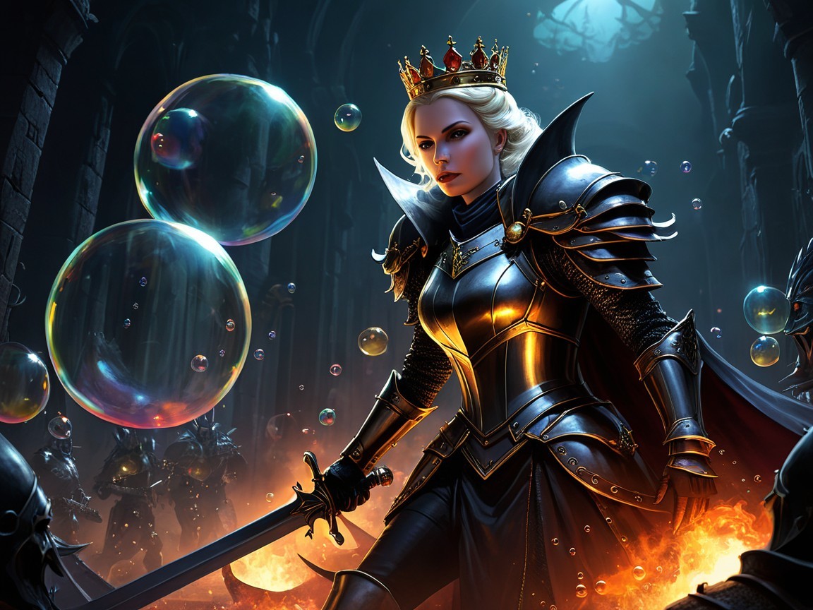 Fierce warrior queen in dark armor with flames and bubbles
