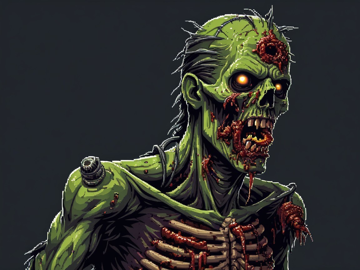 Pixel Art of a Grotesque Zombie with Glowing Eyes