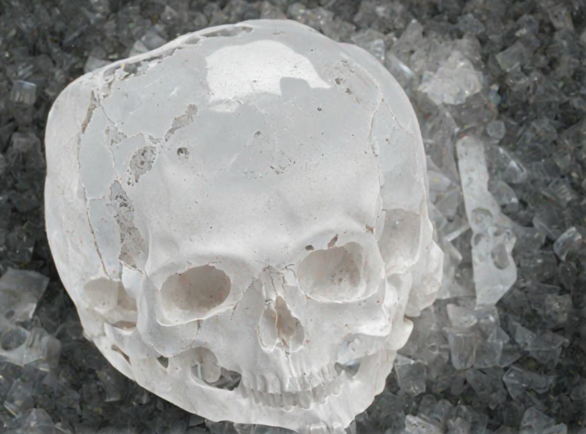 Translucent Crystal Skull on Dark Reflective Stones