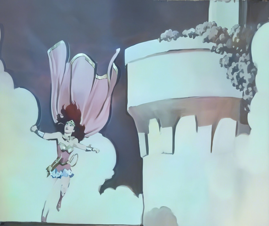 Female superhero flying with pink cape and lasso