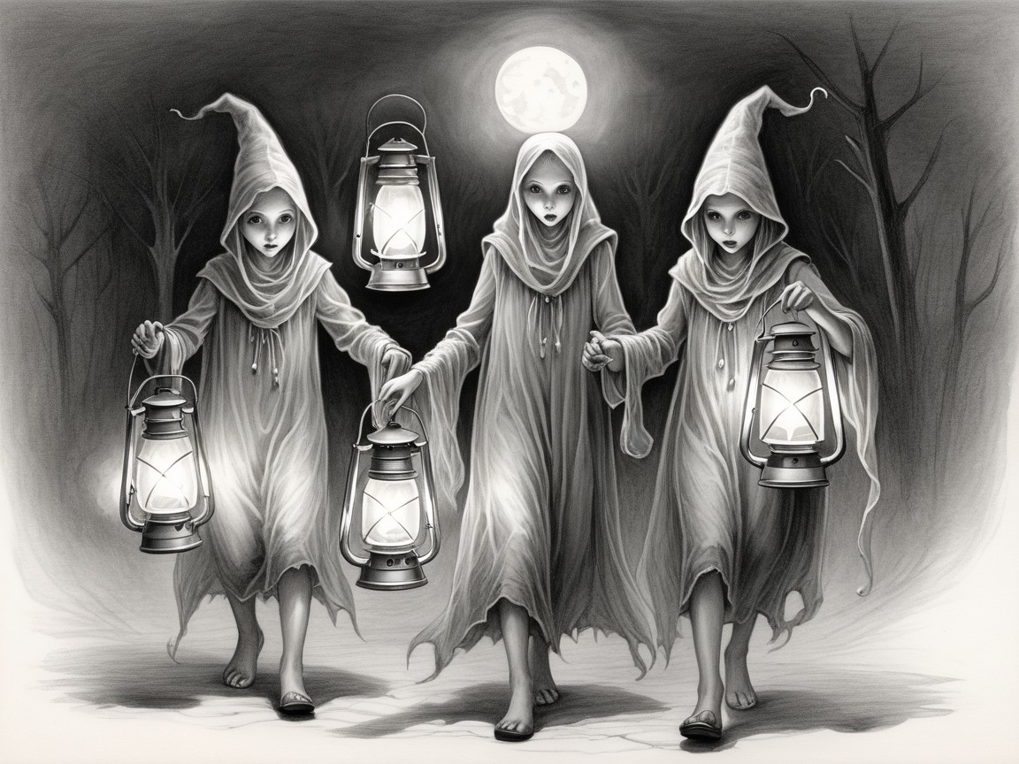 Ghostly Figures in White Robes in Eerie Landscape