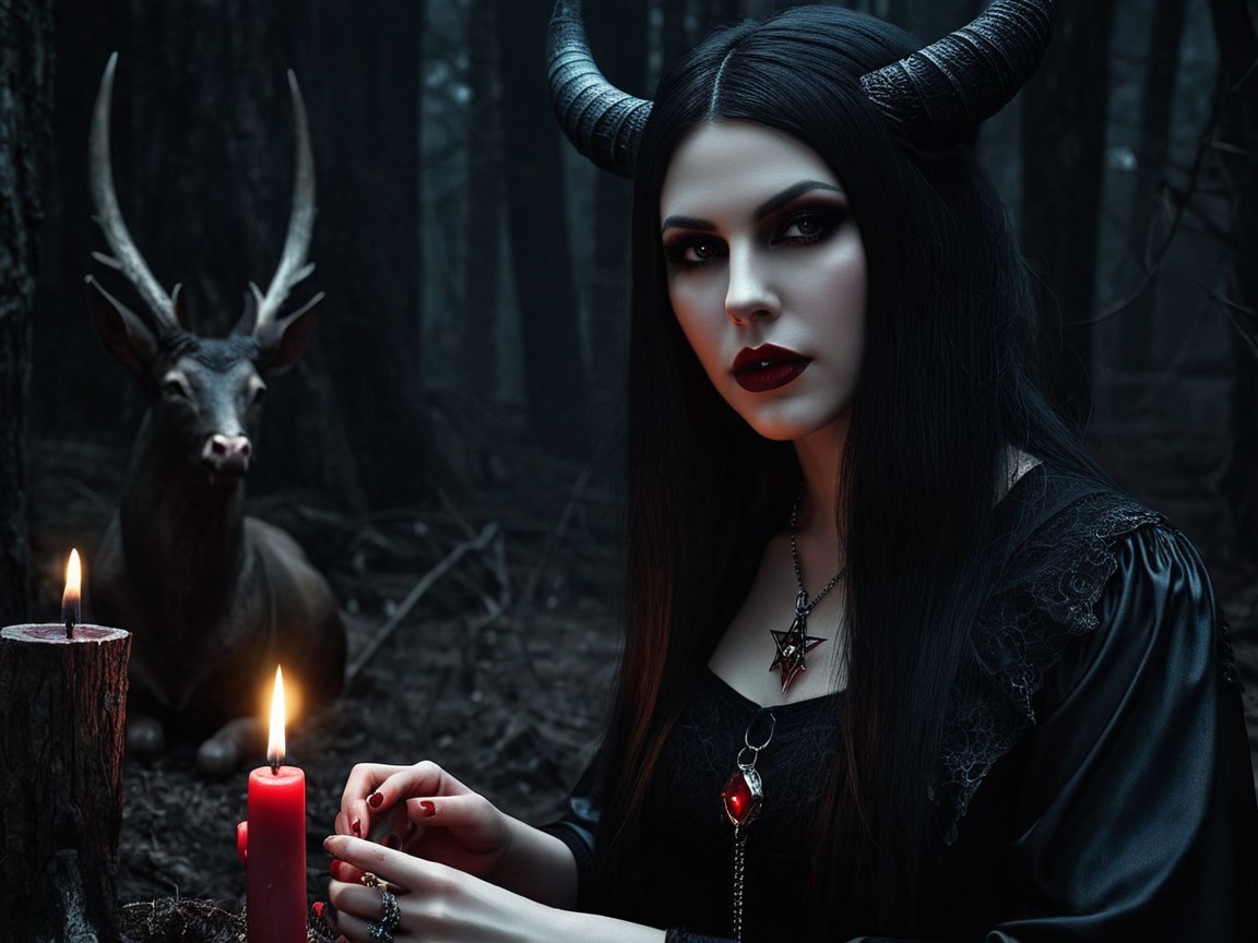 Mysterious Woman in Dark Forest with Stag and Candles