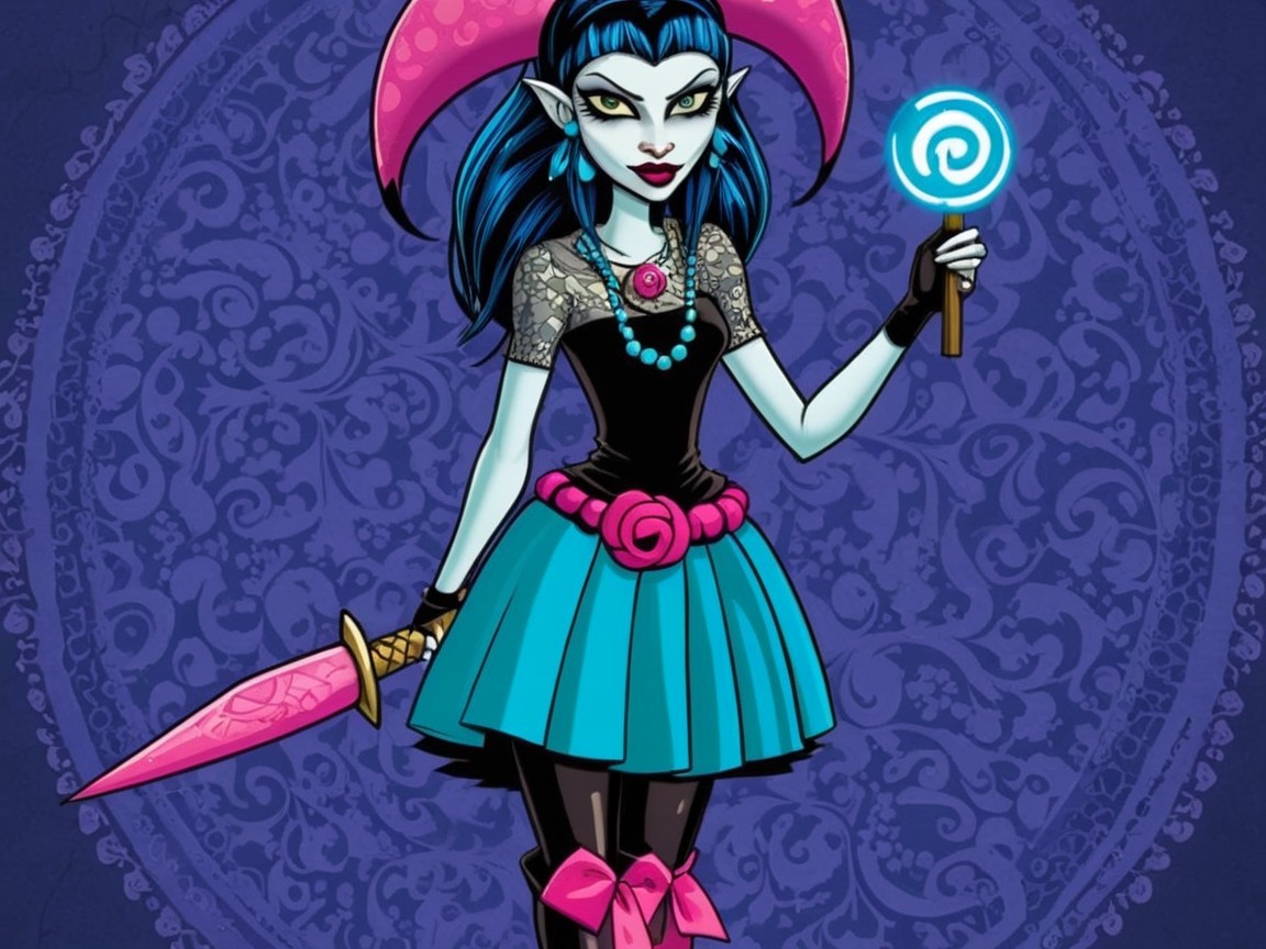Stylish fantasy character with blue skin and edgy attire