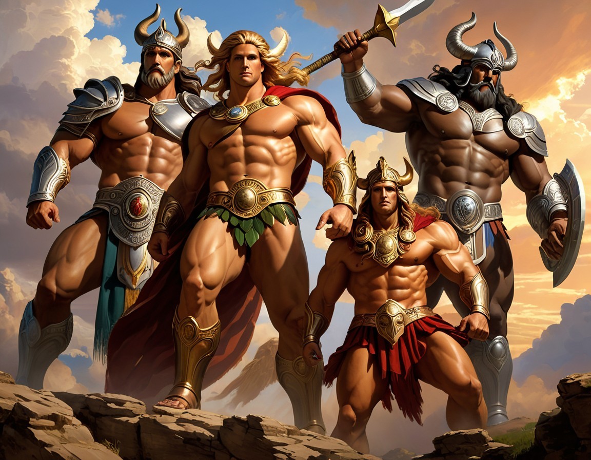 Muscular Warriors in Elaborate Armor on Rocky Terrain