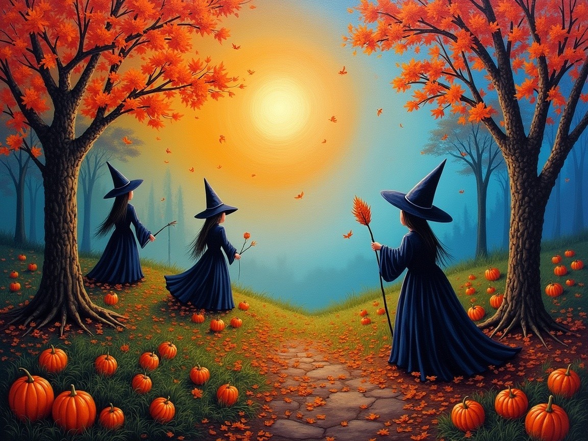 Autumn Landscape with Witches and Pumpkins