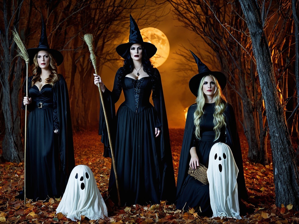 Witches and Ghosts in a Moonlit Forest Setting