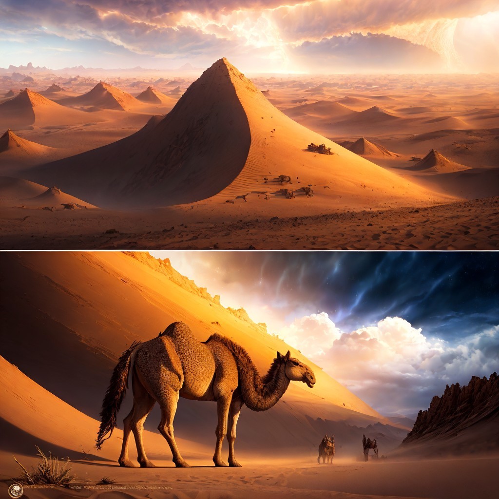 Desert Landscape with Sand Dunes and Camel Scene