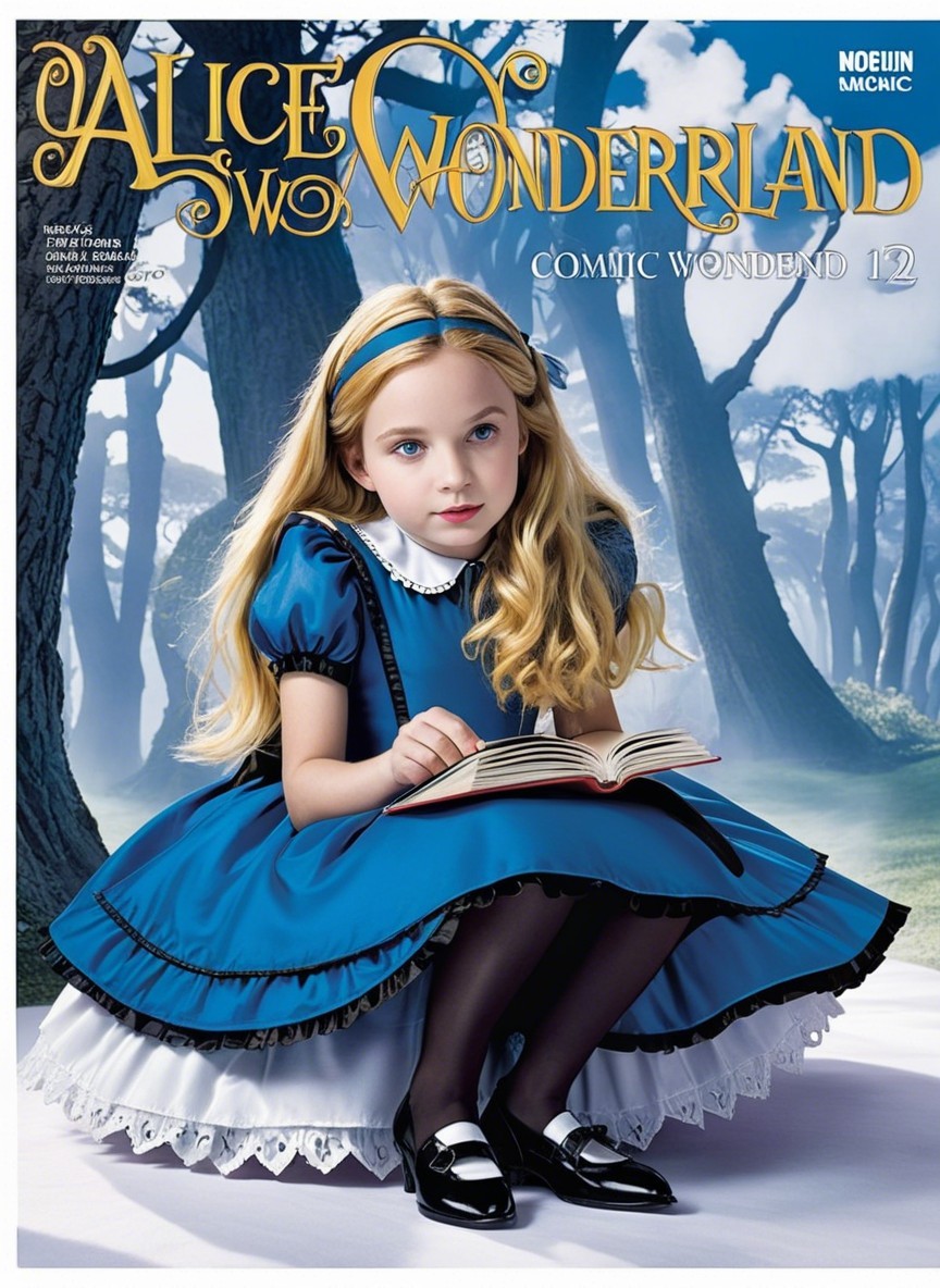 Young Girl in Alice Costume Reading in Whimsical Forest