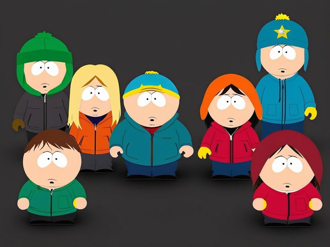 Cartoon Characters in Colorful Jackets Against Dark Background