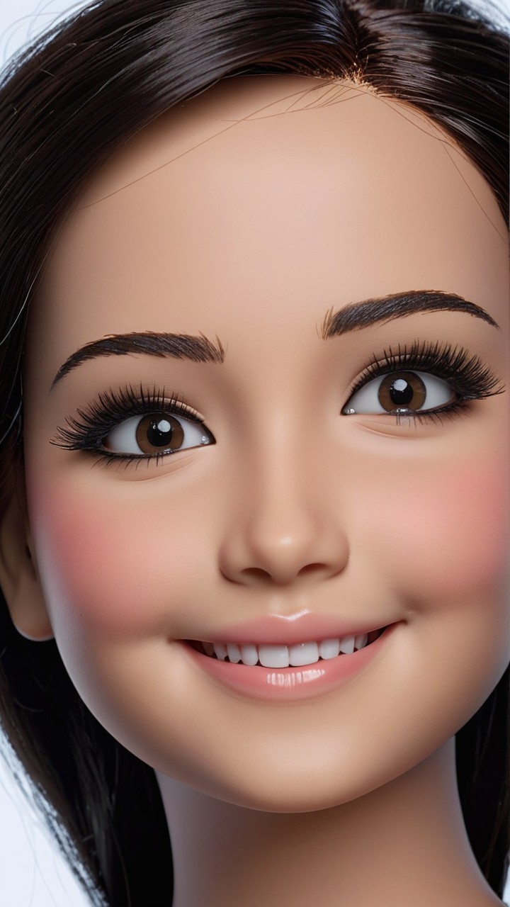 Close-up of a lifelike doll with radiant features