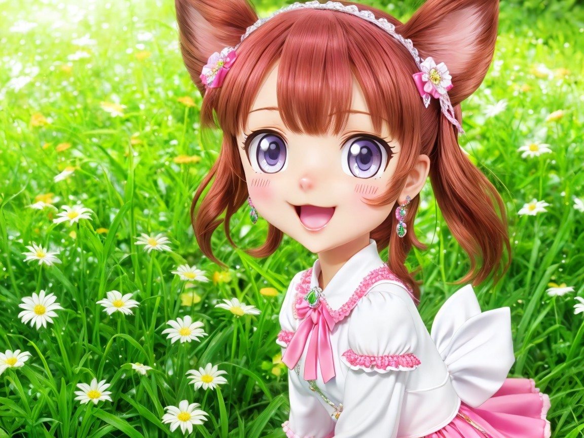 Anime Girl with Purple Eyes in a Meadow Setting