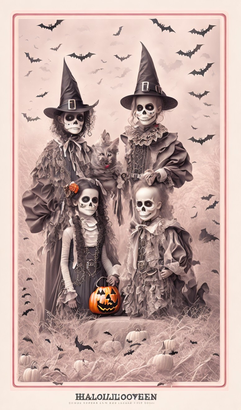Skeletons in Whimsical Halloween Costumes in Mist