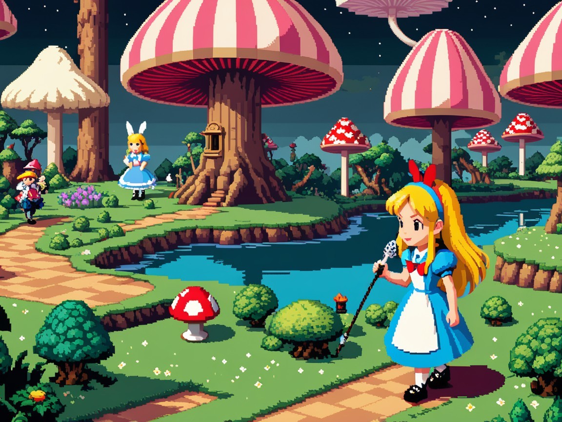 Whimsical Pixel-Art Landscape with Girls and Mushrooms