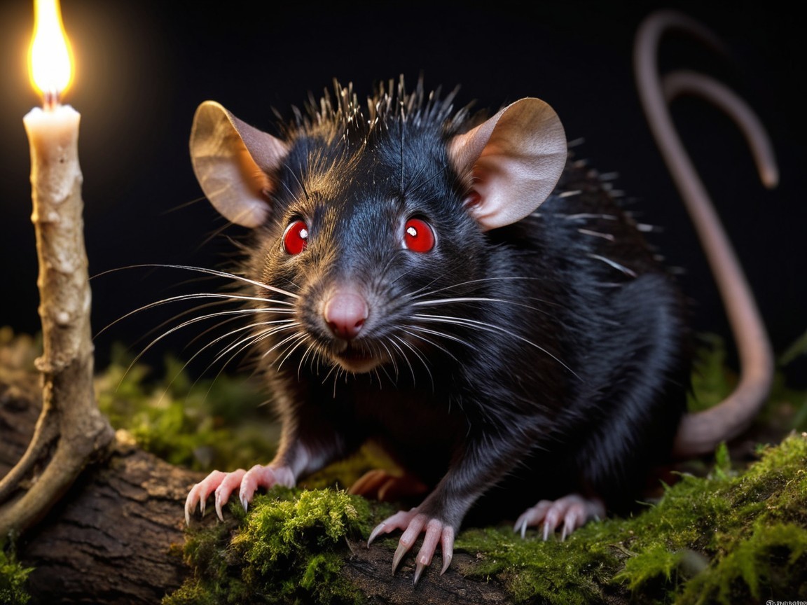 Black Rat with Red Eyes on Mossy Log and Candlelight
