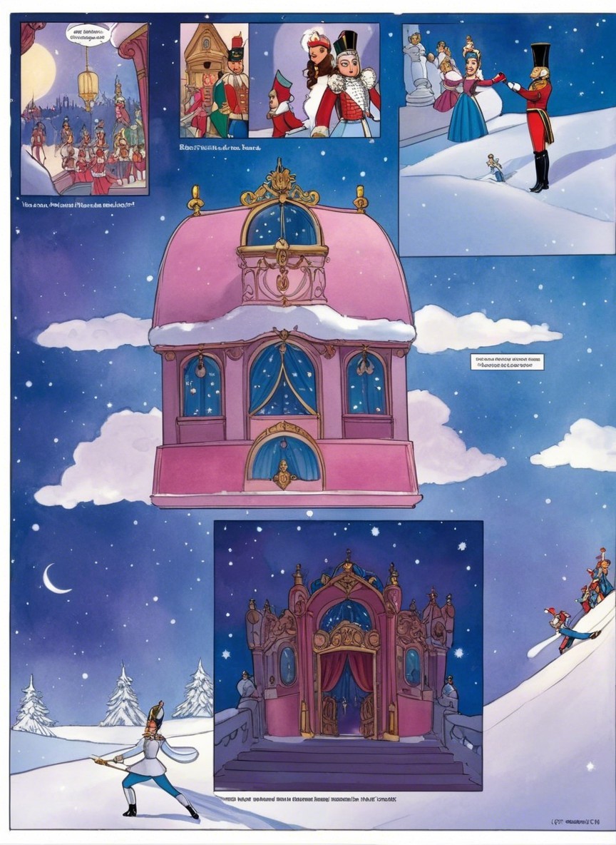 Whimsical Winter Scene with Pink Palace and Characters