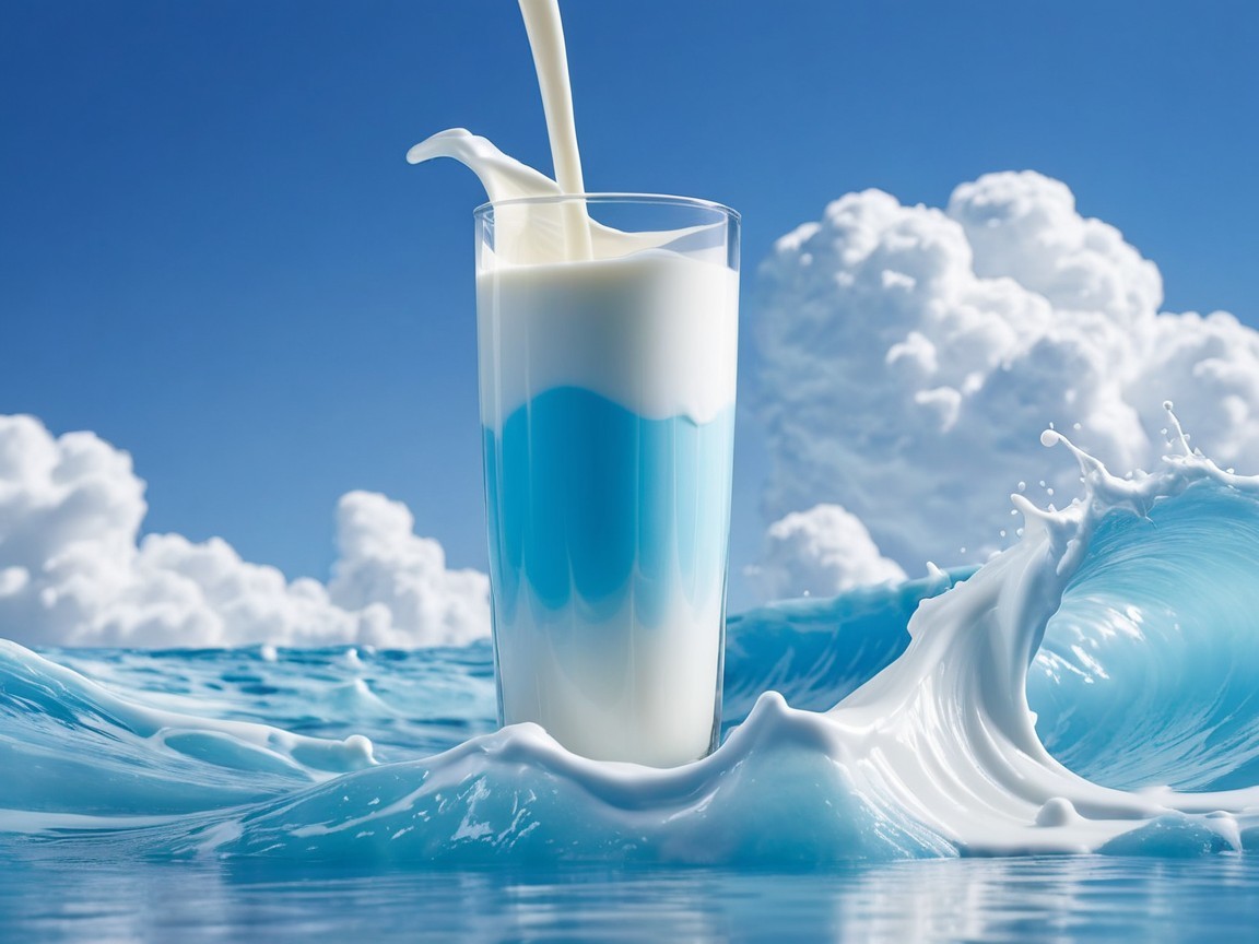 Glass of Blue and White Liquid Against Sky and Waves