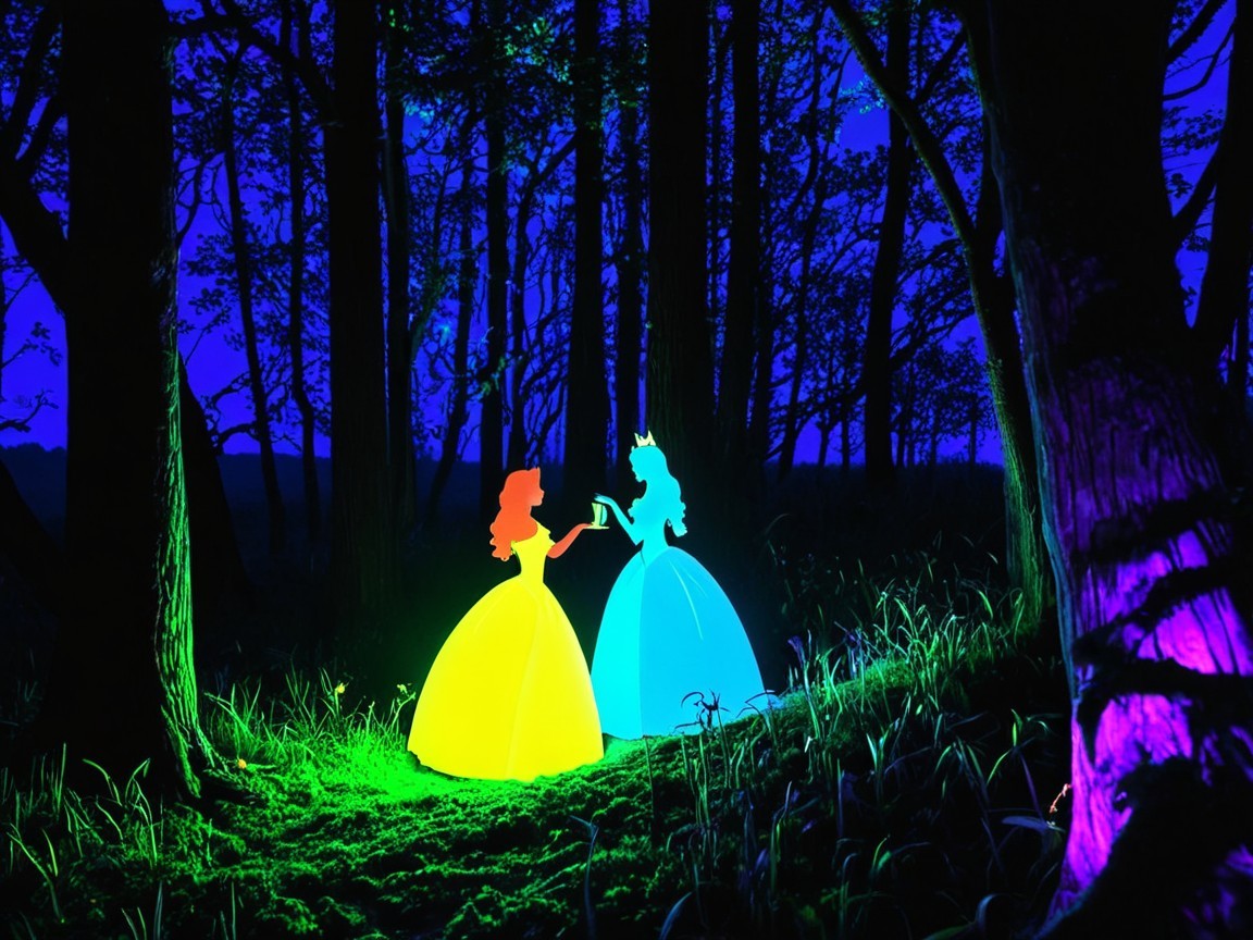 Princesses in glowing silhouettes in a twilight forest