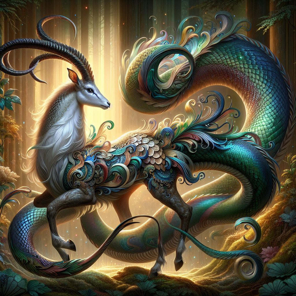 Ornate Deer-Serpent Creature in a Lush Forest