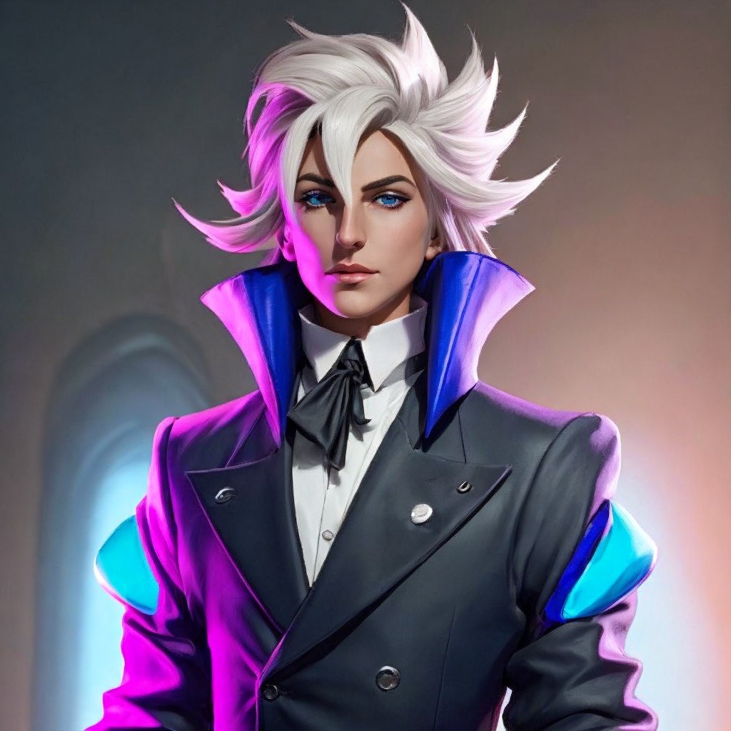 Stylish character with white spiky hair and blue coat