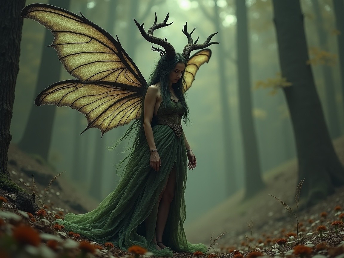 Mystical figure in green gown with butterfly wings