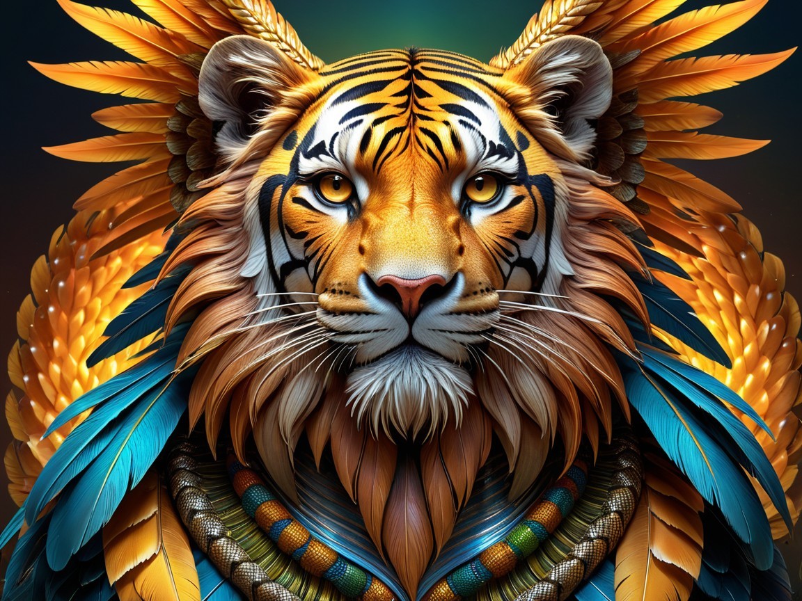 Majestic tiger with colorful feathers and scales