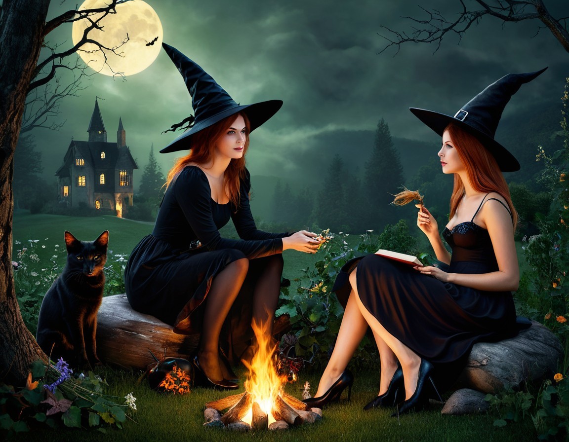 Witches by Campfire in Mystical Forest at Night