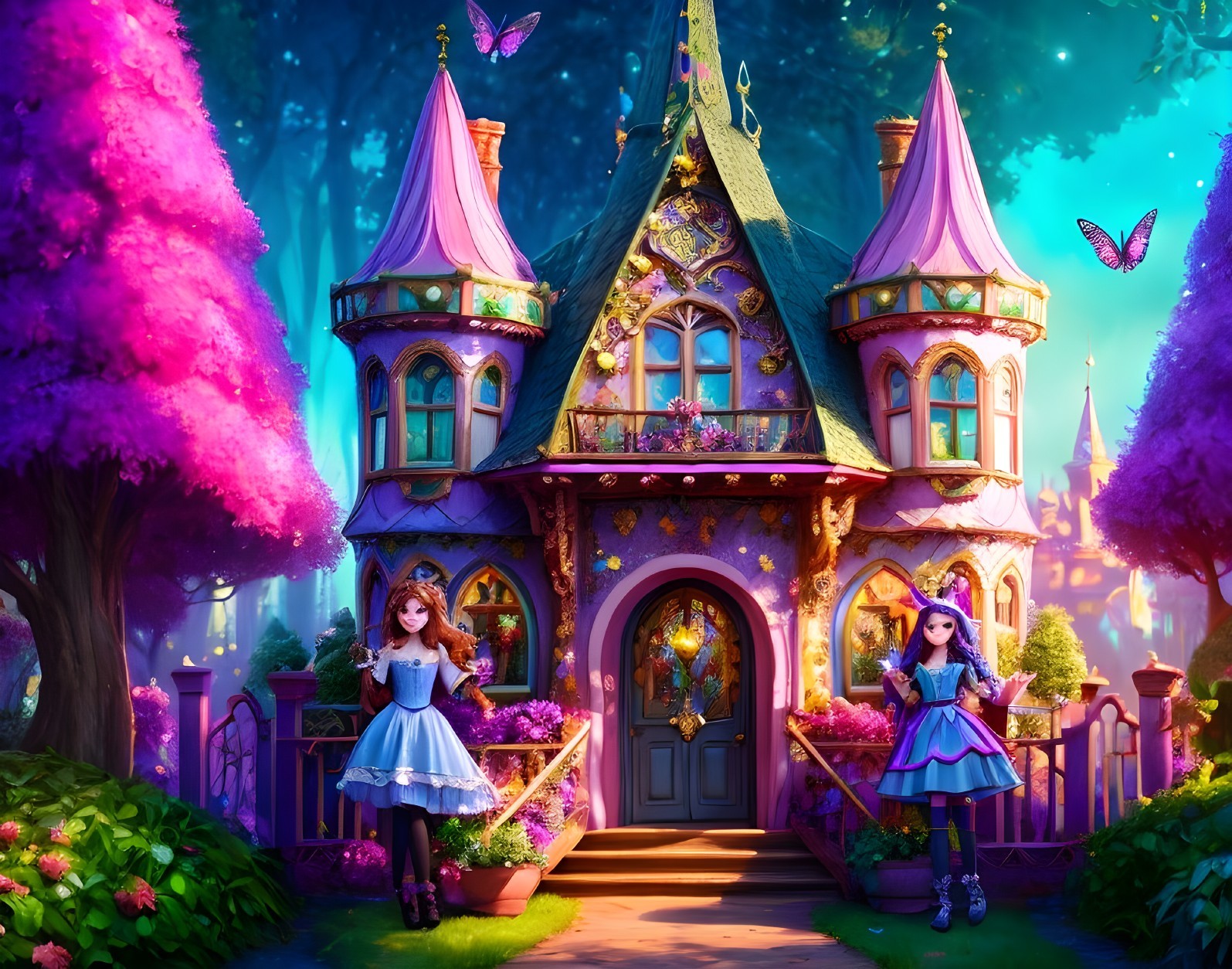 Whimsical cottage among vibrant trees and flowers