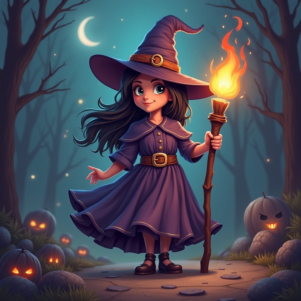 Young Witch in Spooky Forest at Twilight with Pumpkins