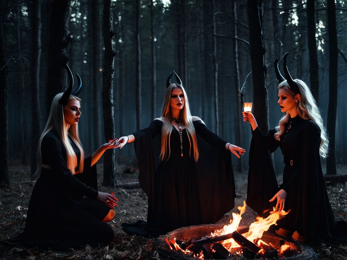 Enchanted forest ritual with elegantly dressed women