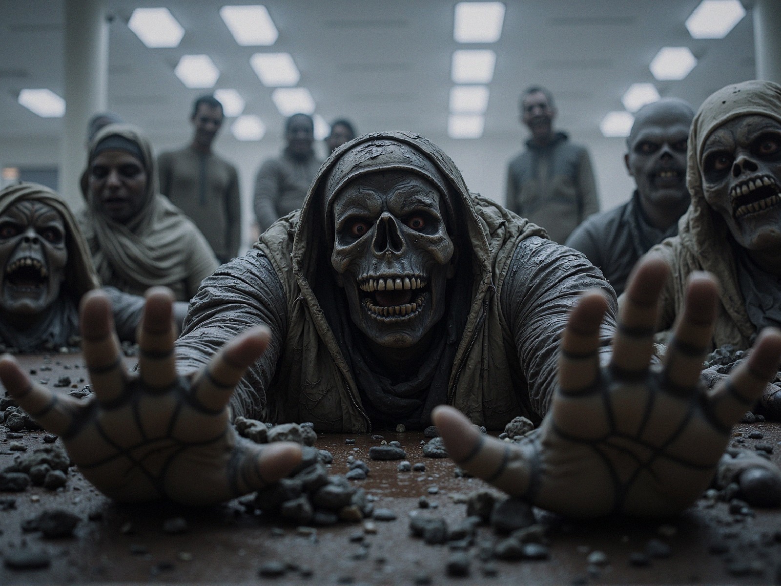Lifelike skeletal figures in a dimly lit environment