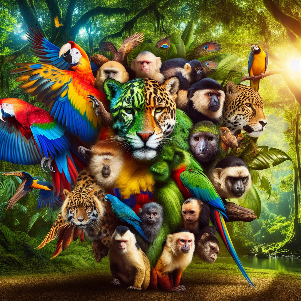 Vibrant Jungle Scene with Diverse Wildlife and Foliage