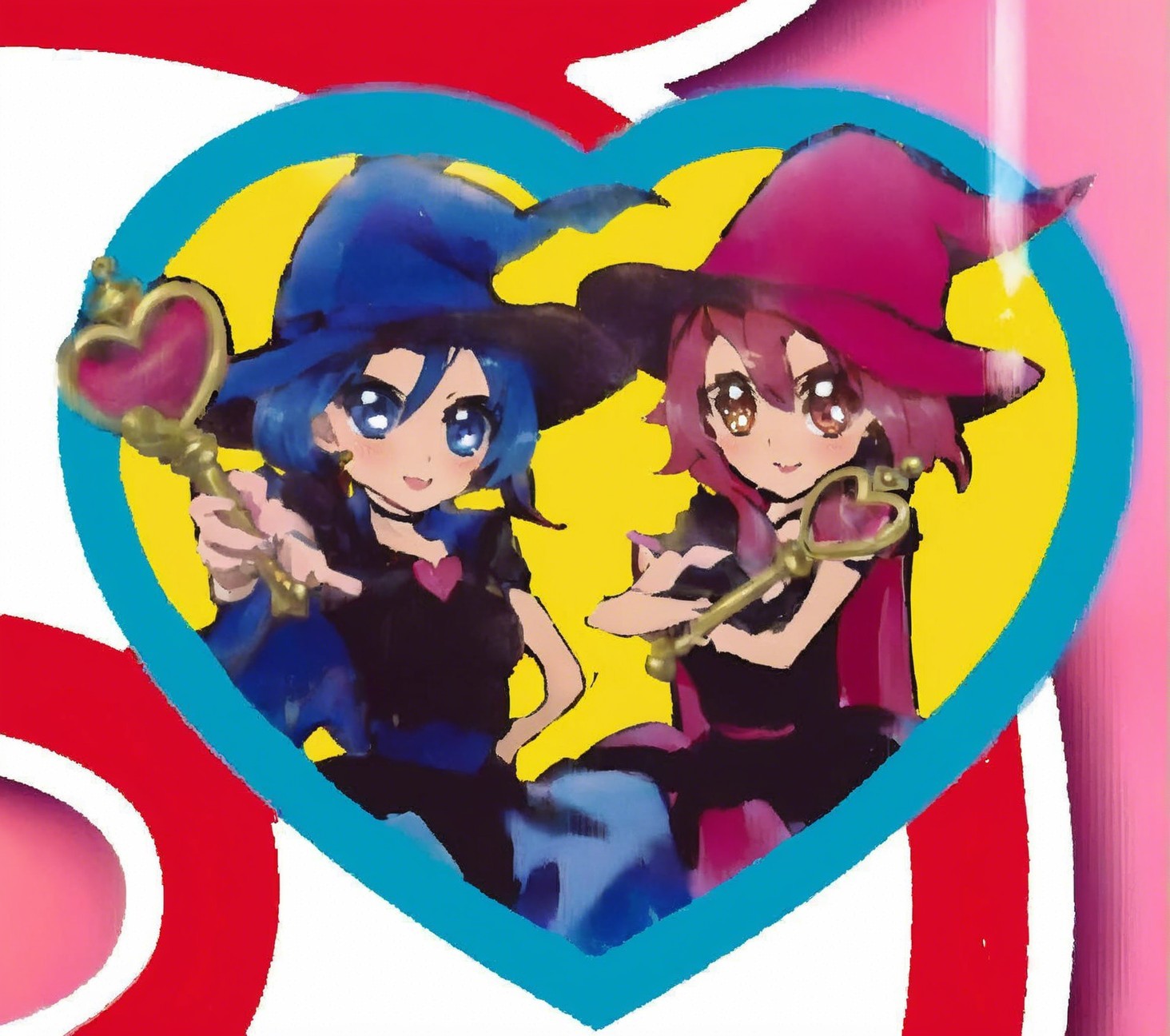 Animated Witches in Heart Frame on Yellow Background