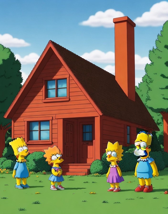 Simpson Family Outside Their Red House in Cartoon Style