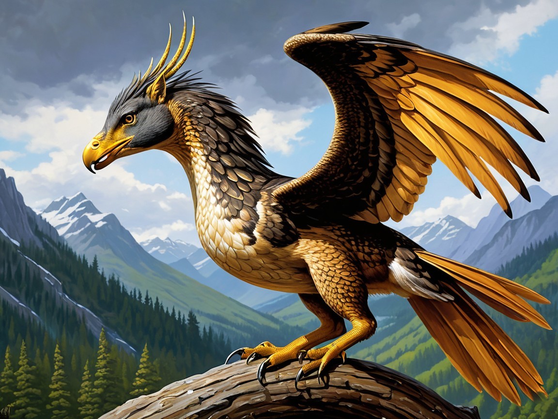 Majestic griffon on rocky outcrop with golden feathers
