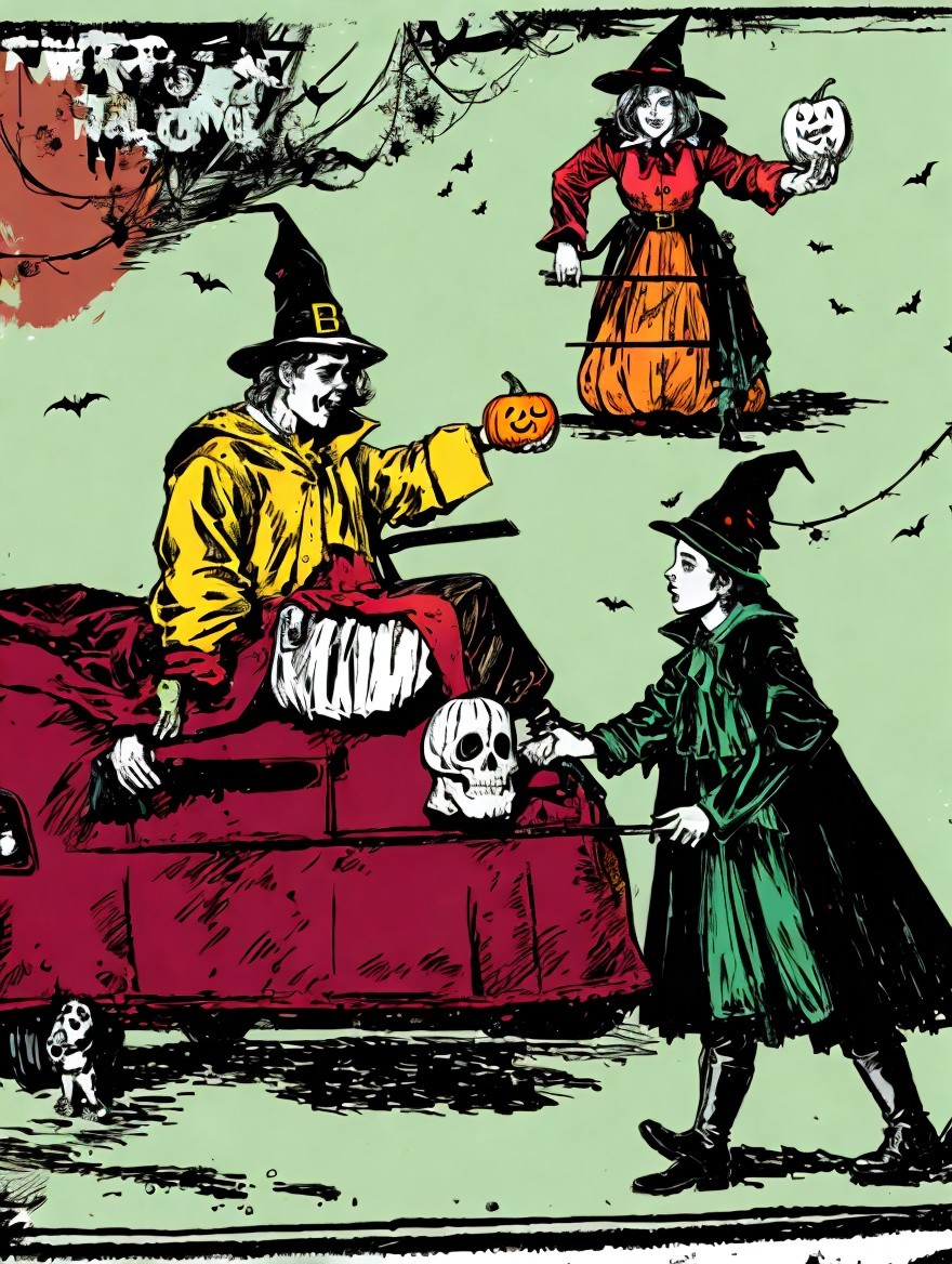 Whimsical Halloween Scene with Witches and Pumpkins