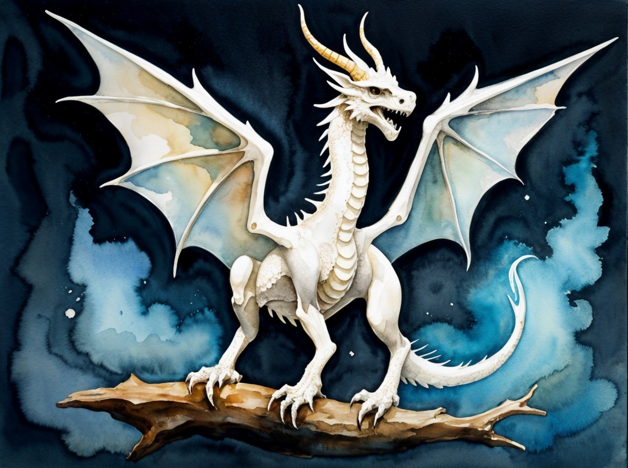 Majestic white dragon on a gnarled branch in art
