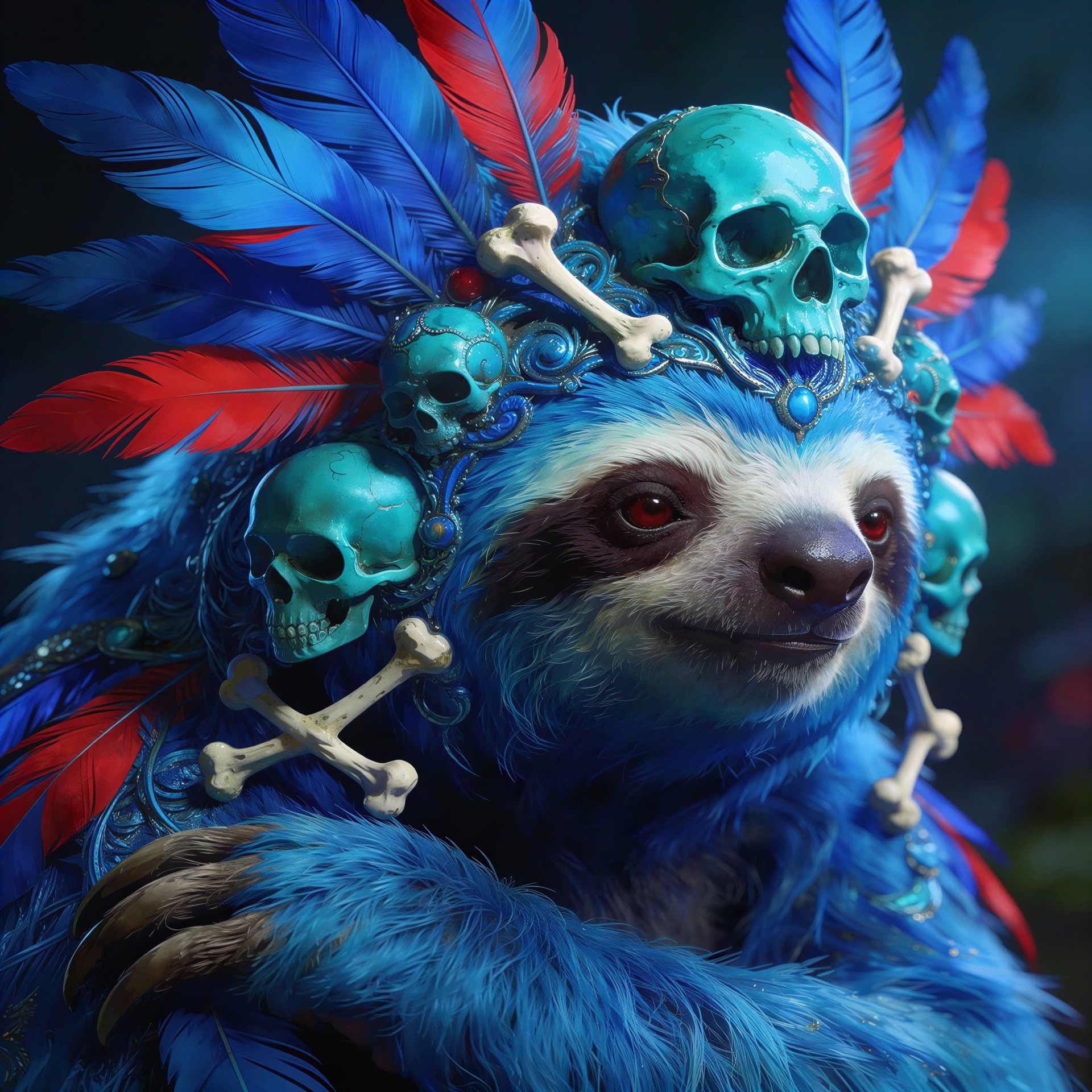 Close-up of a blue furry sloth in tribal headdress