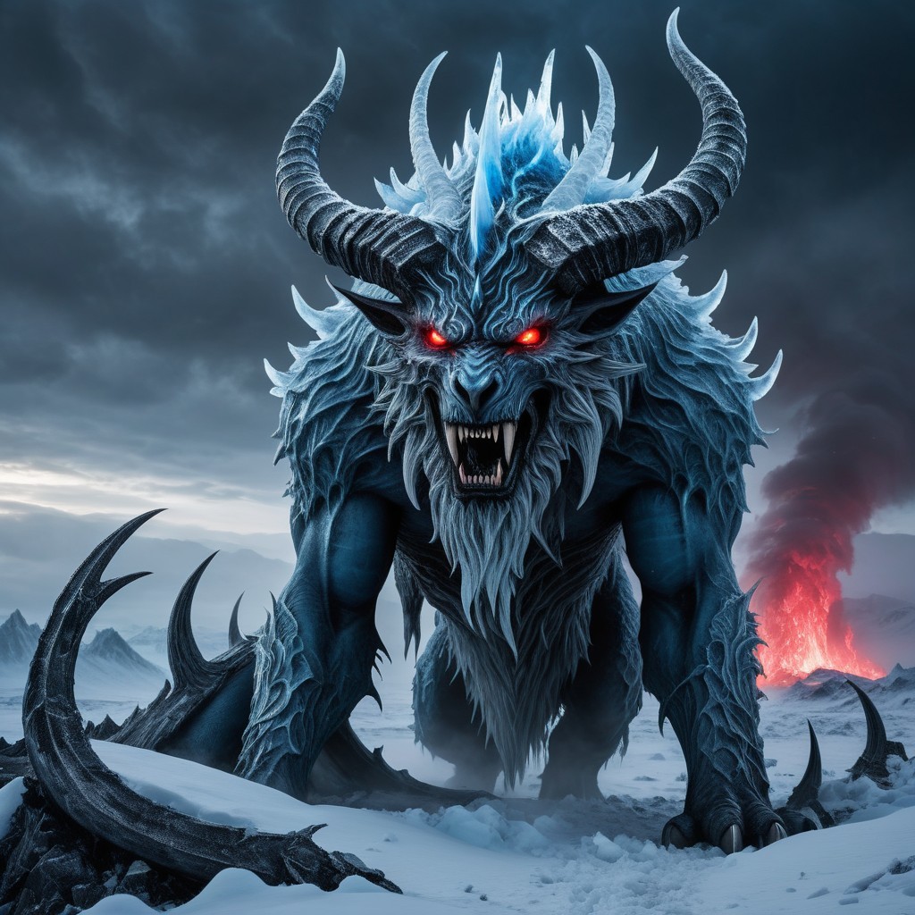 Ice-Themed Monster in Snowy Landscape with Volcanoes