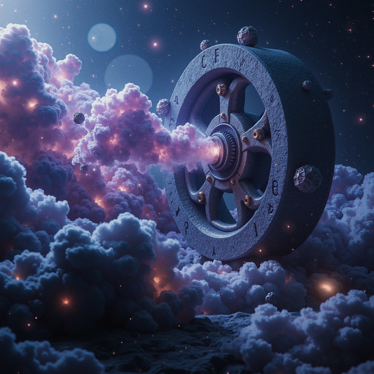 Futuristic Wheel in Cosmic Scene with Ethereal Clouds