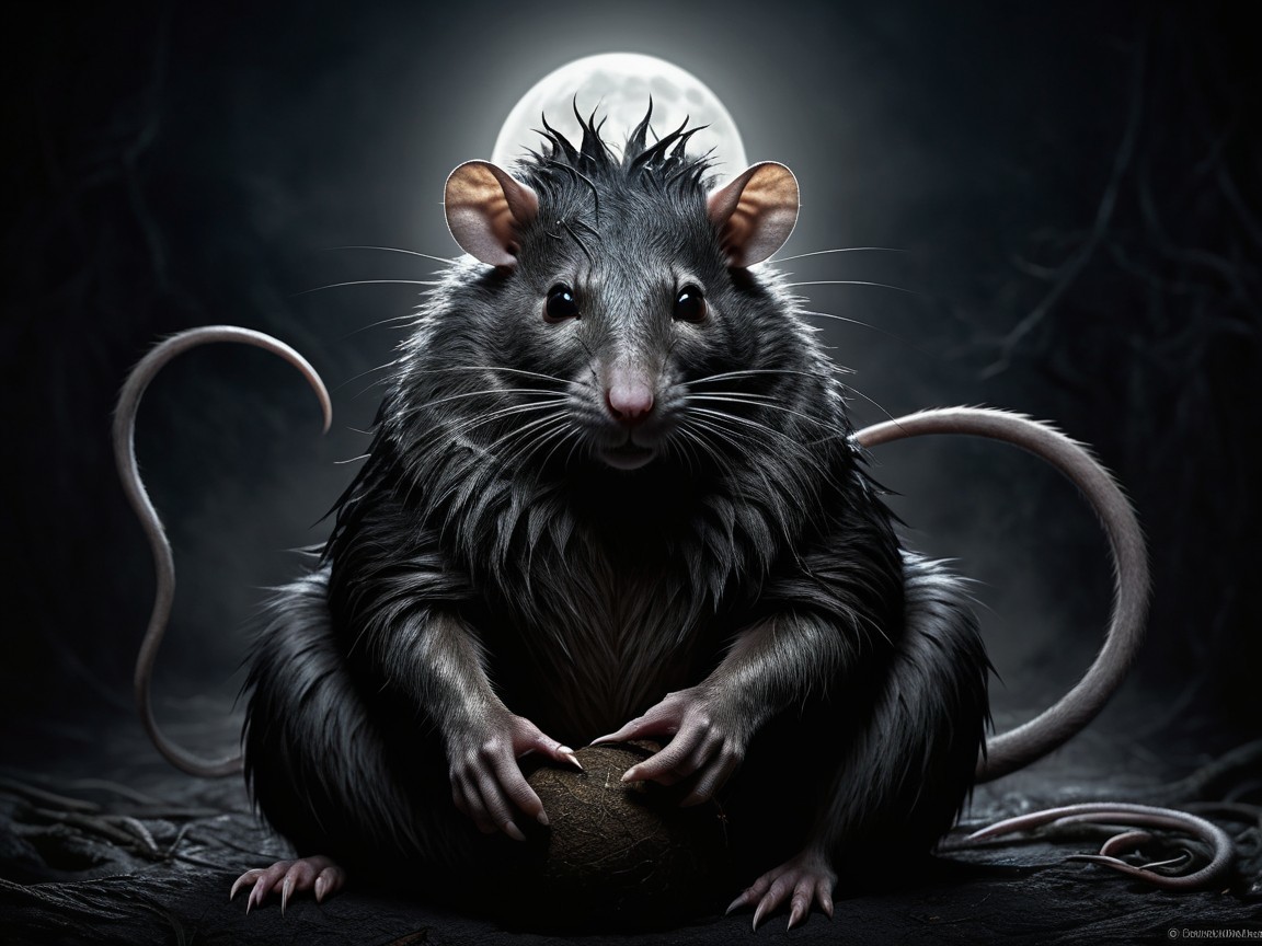 Anthropomorphic rat in dark, eerie moonlit setting
