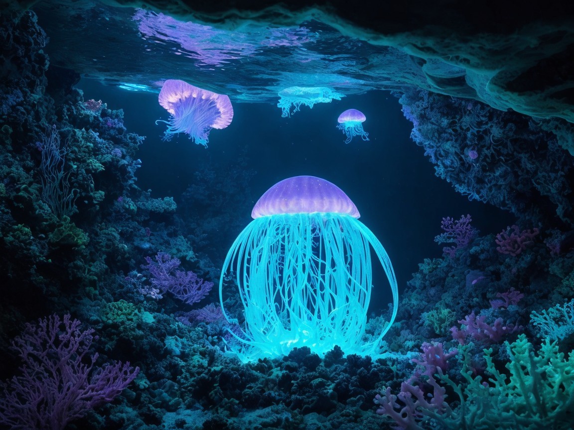 Ethereal Underwater Scene with Glowing Jellyfish