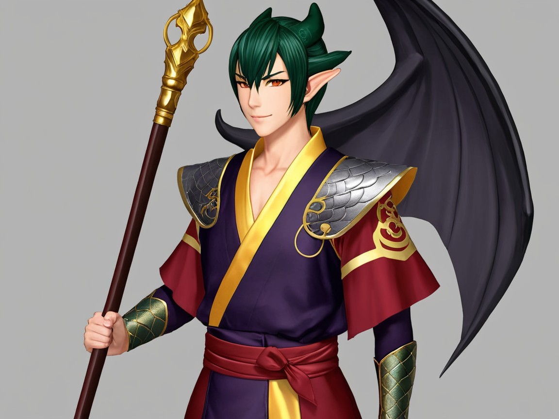 Demon Boy in Battle-Ready Japanese Outfit with Staff