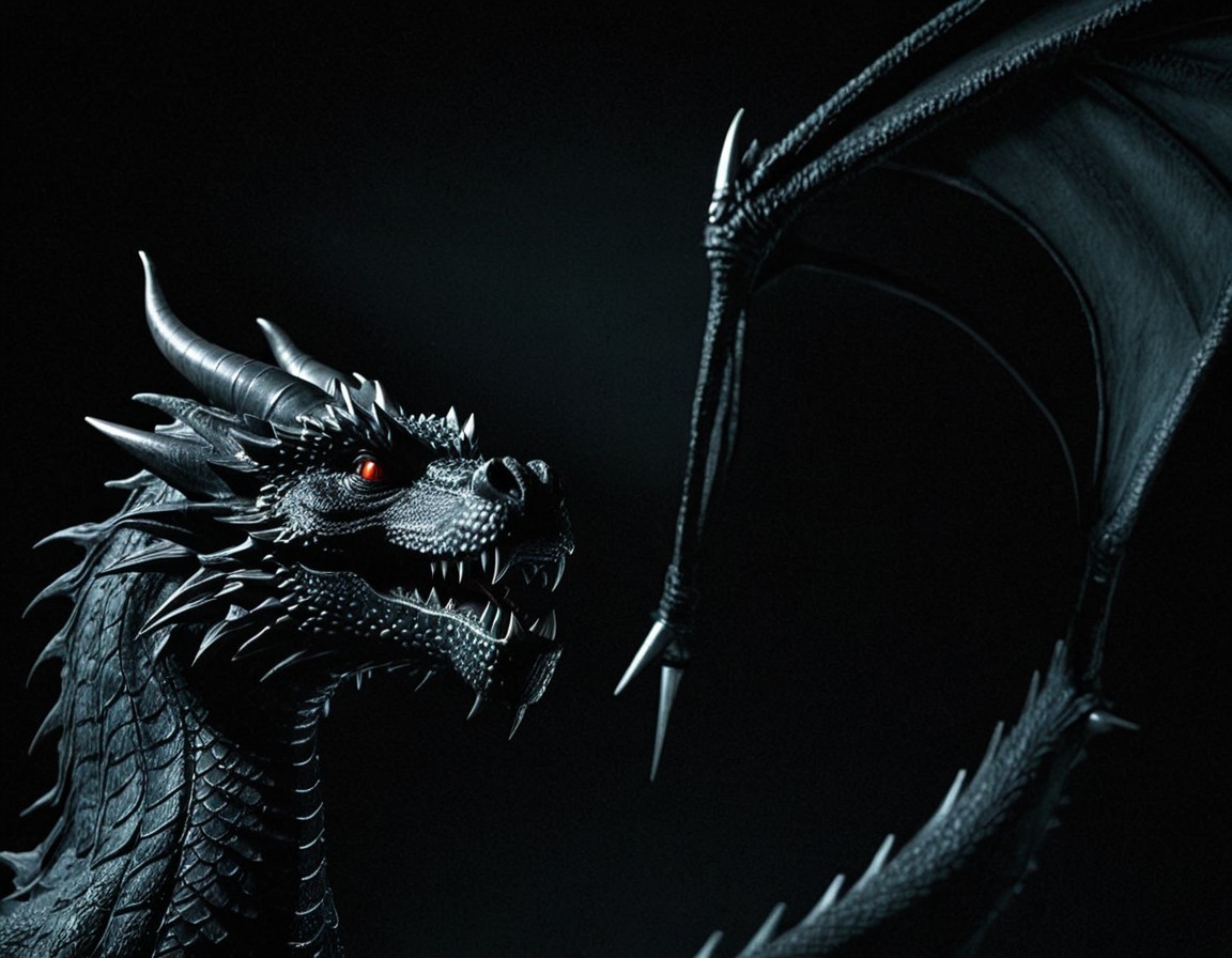 Close-Up of Dark Dragon Bust with Red Eyes and Wings