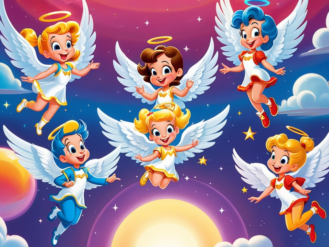Whimsical Cartoon Angels Flying Among Colorful Clouds