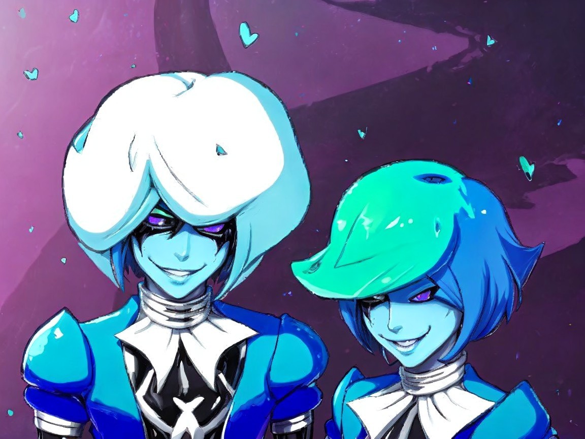 Stylized Characters with Blue Hair on Purple Background