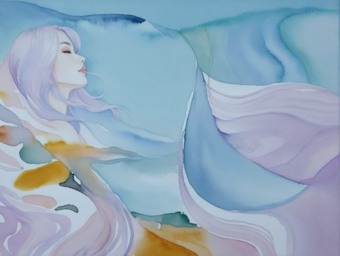 Serene Watercolor of Woman with Lavender Hair