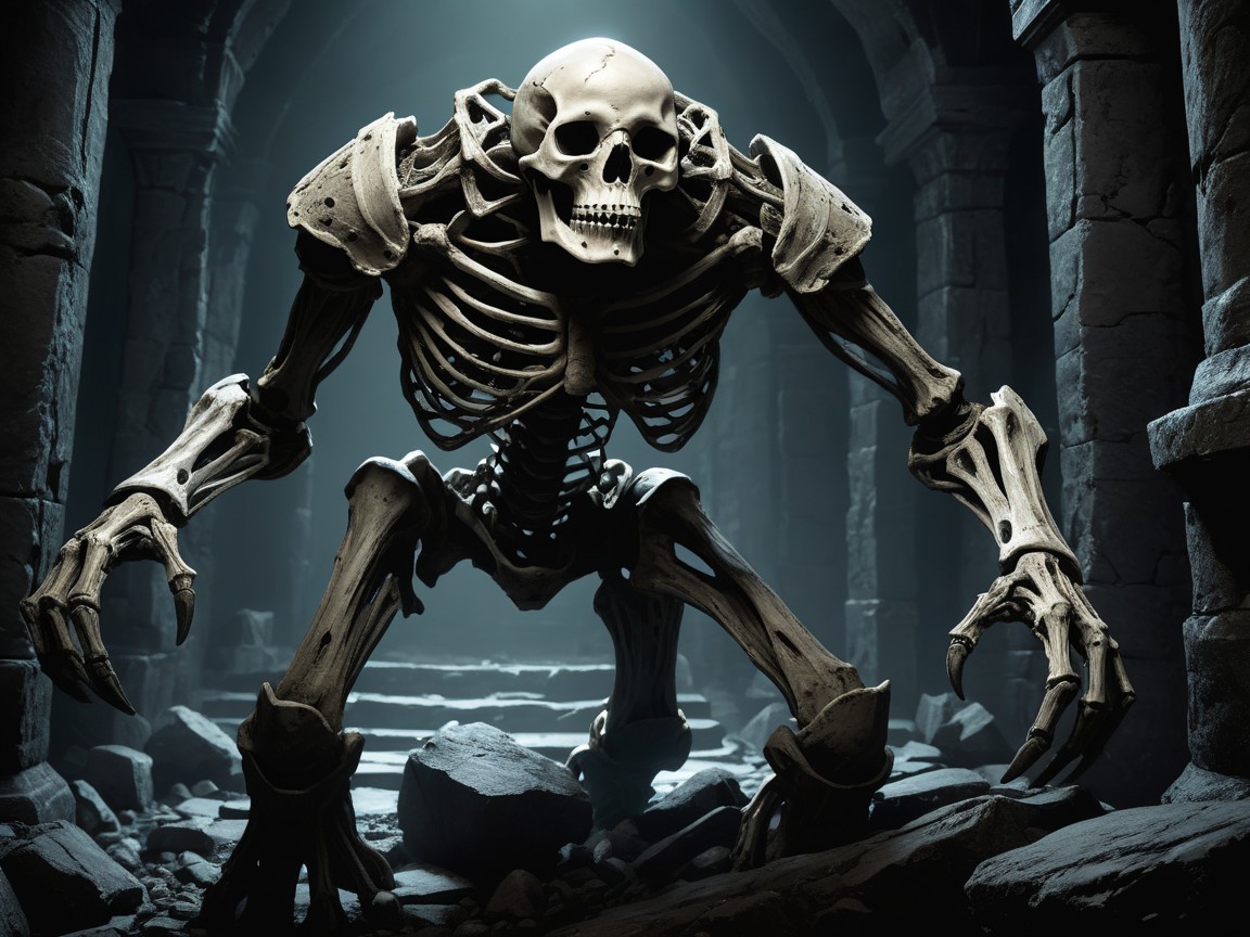 Menacing Skeleton in Ancient Stone Chamber