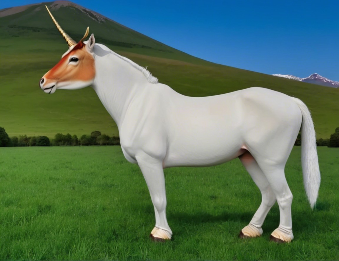 Surreal Unicorn in Lush Green Field with Mountains