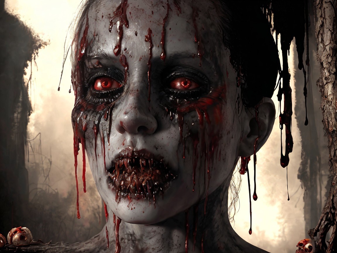 Haunting figure with pale skin and glowing red eyes