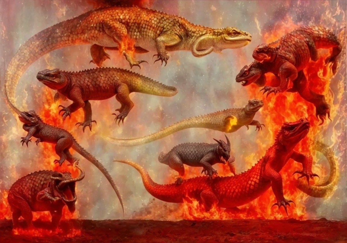 Dragon-like creatures in flames with vibrant scales